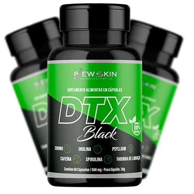 DTX Black frasco com informações visuais da composição