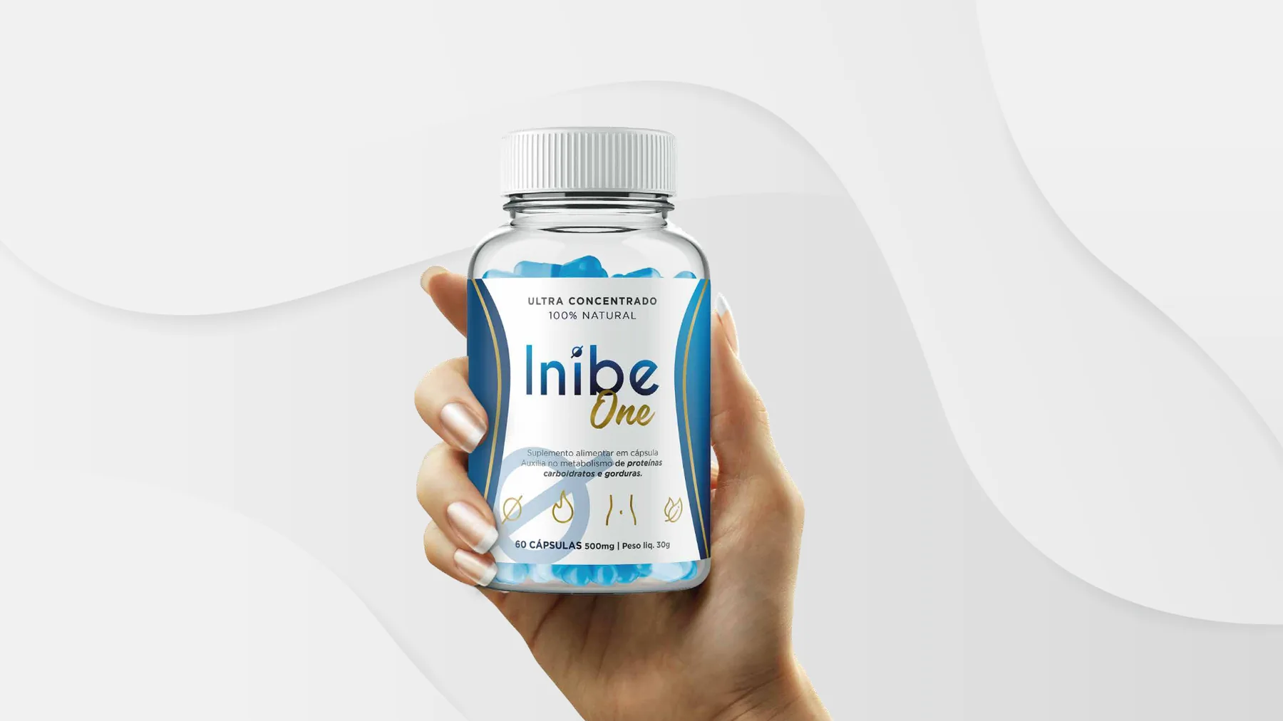 Frasco de Inibe One apresentado em fundo claro