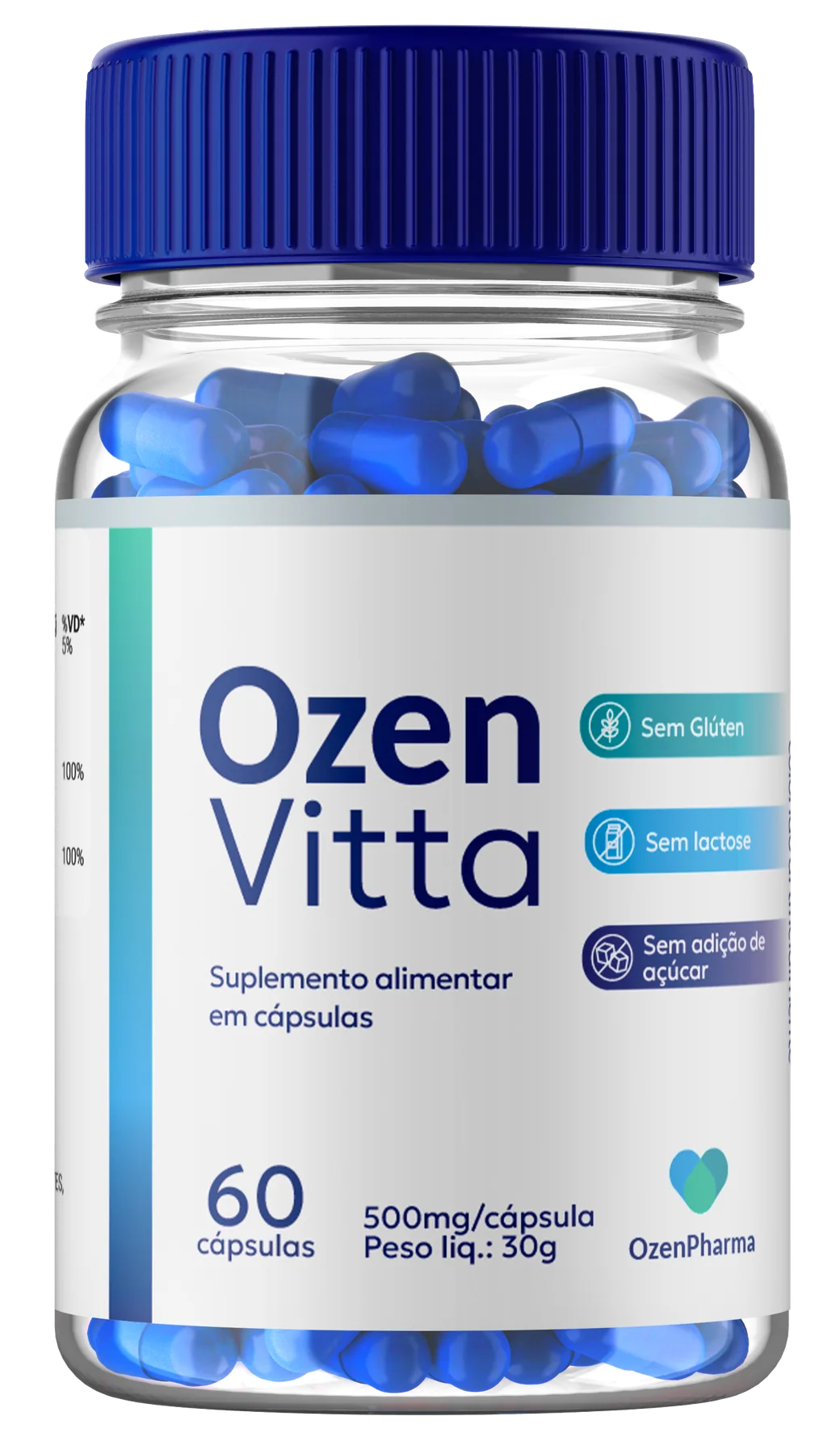Frasco do suplemento alimentar OzenVitta com 60 cápsulas